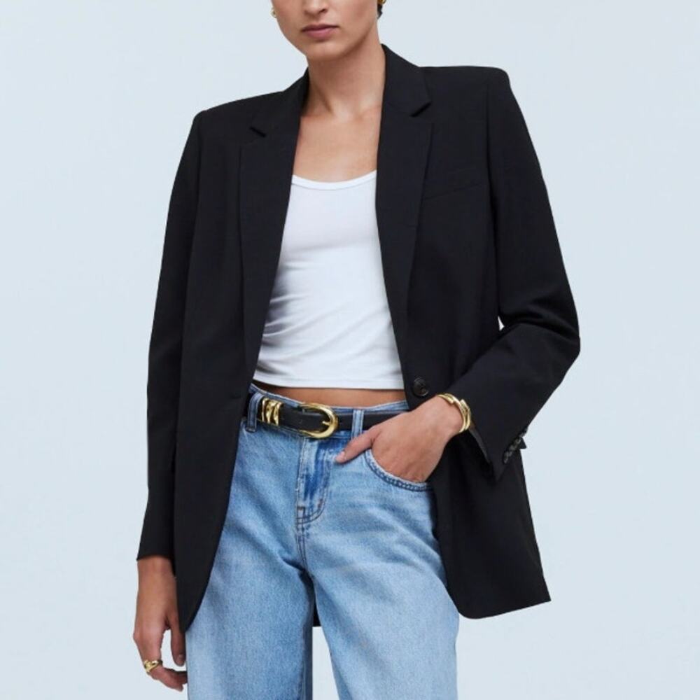 Madewell Black Lycรฉe Drapey Blazer Suit Jacket Womens 0 Collared Oversized Fit